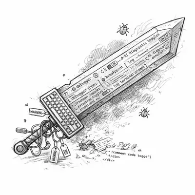 A keyboard-hilted broadsword bristling with debugger marks and brute-force bug hunting.
