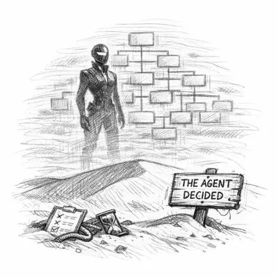 Graphite pencil illustration of the Autonomy Mirage, governance that looks real until you look closely