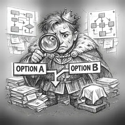 A confused monarch studies branching decision charts and stacks of analysis while an actual decision button sits ignored nearby.