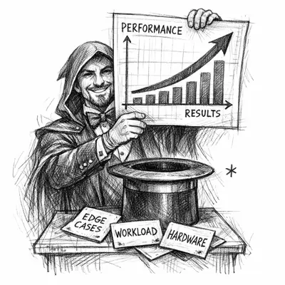 A stage magician pulls perfect scorecards from a hat while the real-world test results hide behind the curtain.
