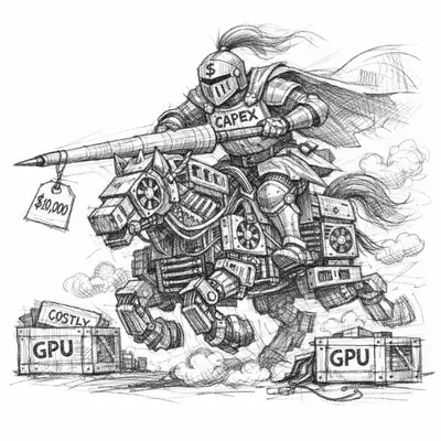 A knight in gleaming armor stands before a fortress of GPU racks, sword raised toward an empty horizon.