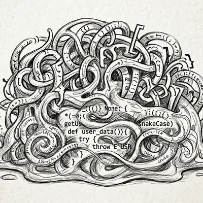 An ooze absorbs mismatched code fragments into one passing but illegible mass.