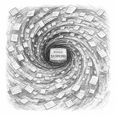 Graphite pencil illustration of the Cost Singularity, a gravitational well of escalating AI spend