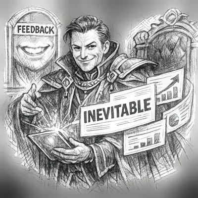 A court sorcerer advisor conjures aligned strategy slides beside a smiling executive throne while a feedback mirror reflects only approval.