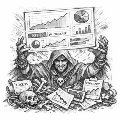 A hooded figure raises a glowing dashboard from a cauldron of incomplete data, projecting a confident trend line into darkness.