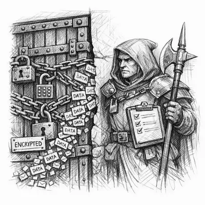 A gatekeeper stands at a castle gate watching data streams flow through unseen channels in the walls, keys dangling from their belt.