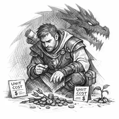 A robed figure with a glowing abacus preaches to a crowd while the dragon they should be hunting looms behind them.