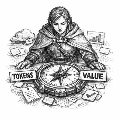 A FinOps advisor uses a compass-like cost instrument to connect tokens, users, model tiers, context, and value.