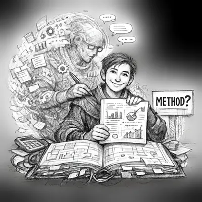 A FinOps analyst presents a ledger while a hidden spectral assistant writes the analysis behind them.