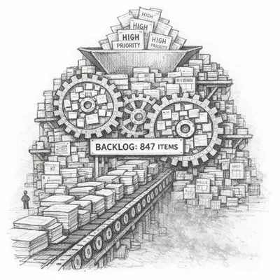 Graphite pencil illustration of the Infinite Backlog Engine, a mechanical construct generating endless priorities