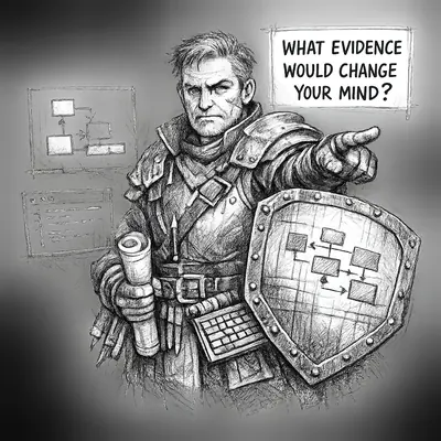 A senior architect blocks an AI-generated design with a drafting shield instead of evaluating it.