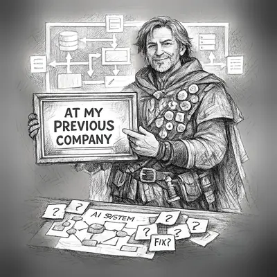 An accomplished architect presents a glowing former-platform blueprint while the current AI diagram waits ignored.