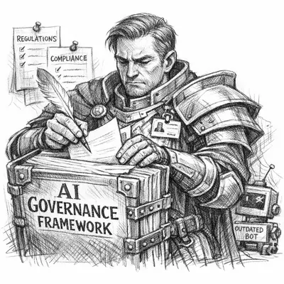 A paladin in heavy plate armor clutches a towering stack of policy documents, shield emblazoned with a compliance seal.