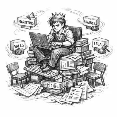 A crowned executive sits on a throne of laptops and specs while ghostly department agents orbit and empty review chairs sit nearby.