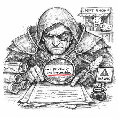 A warden with reading glasses and a lantern examines a cursed scroll of vendor terms, finding traps in the fine print.