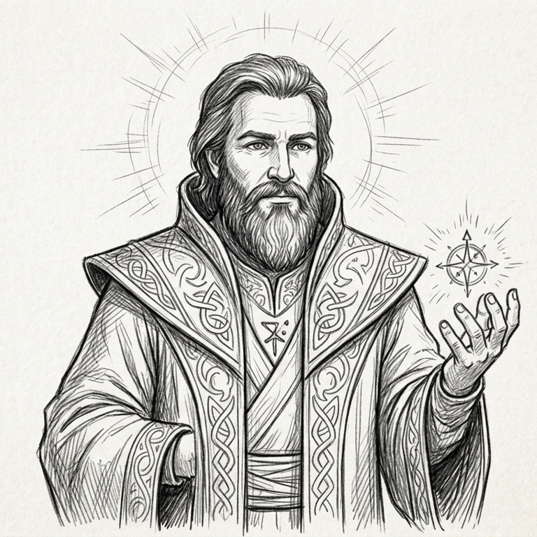 Graphite pencil illustration of the Wizard archetype, a developer orchestrating AI tools from behind the scenes