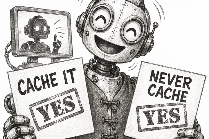 A grinning robot holds two contradictory YES signs while an angry reviewer scolds from a monitor
