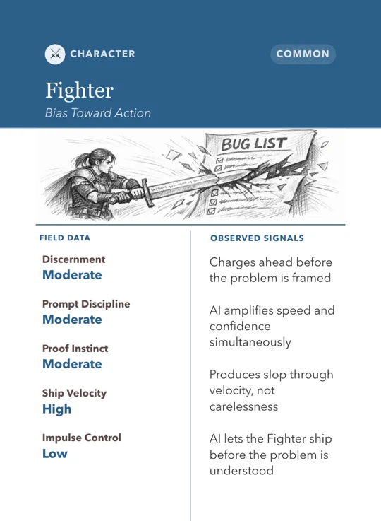The Fighter card, with illustration and field data