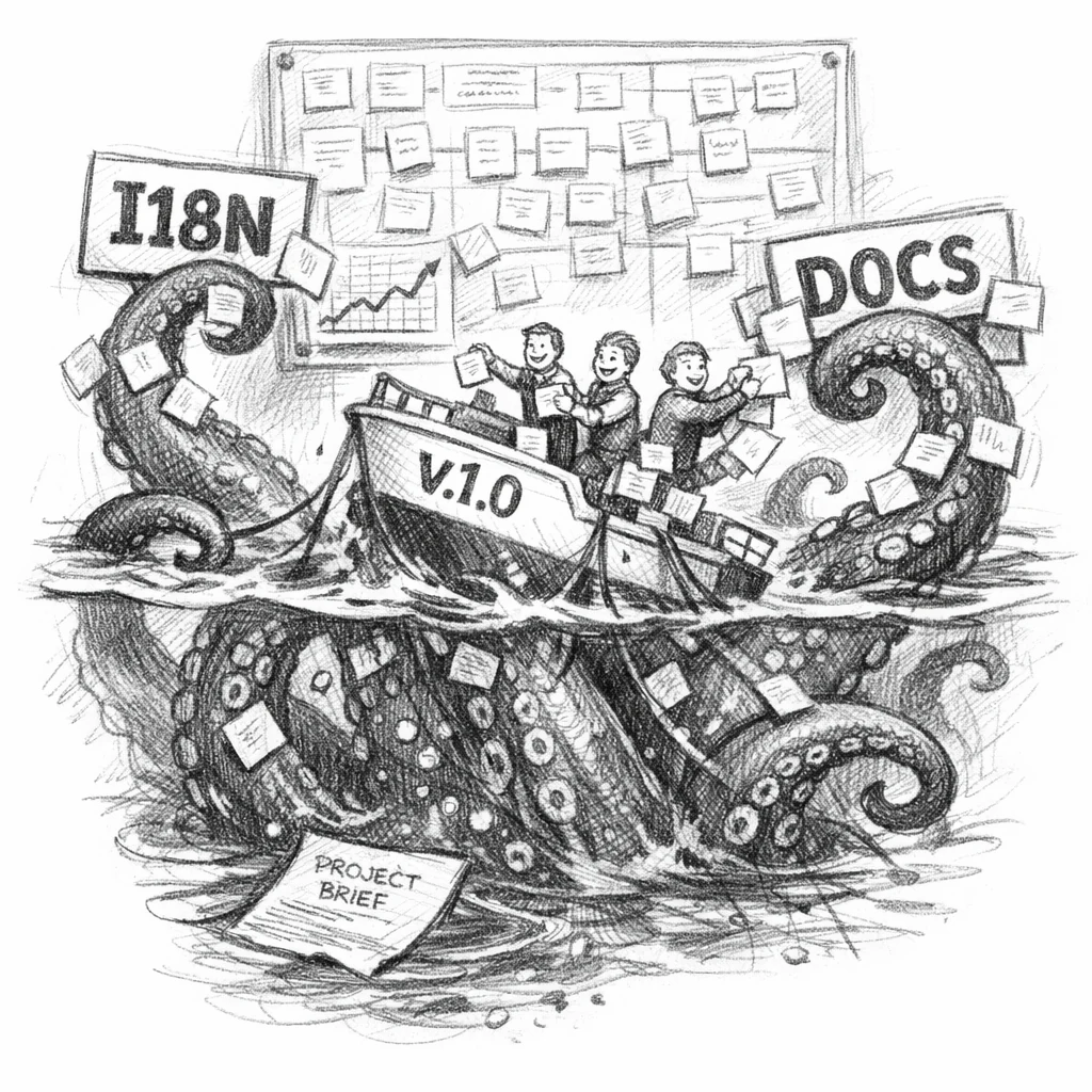 The Scope Creep Kraken wraps its tentacles around a team's version 1.0 boat, dragging new requirements aboard.