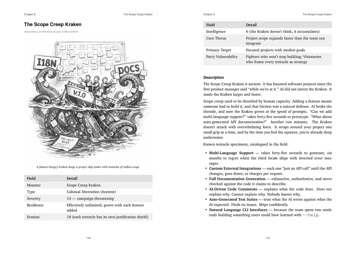Actual pages 118–119 from Volume I: an illustrated Scope Creep Kraken entry with field notes and diagnostic prose.