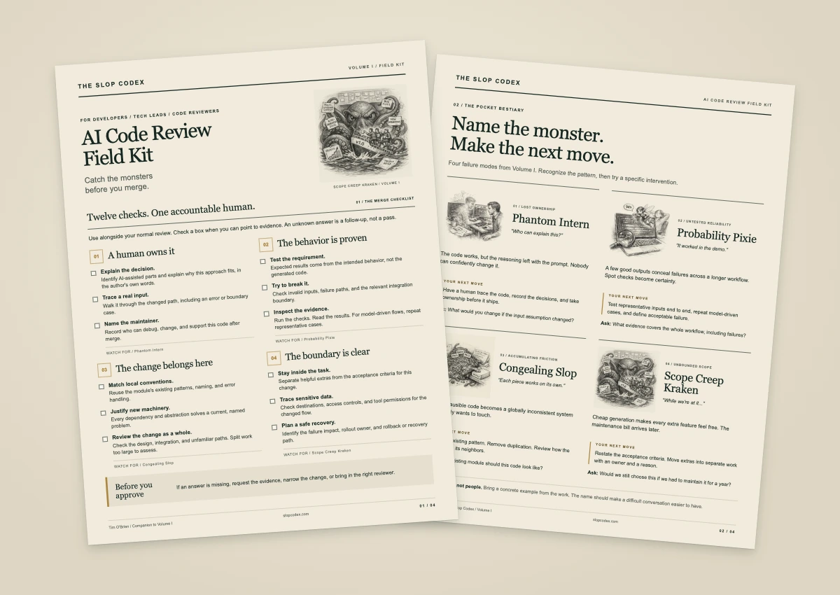 Two illustrated pages from the AI Code Review Field Kit, the free companion to Volume I.