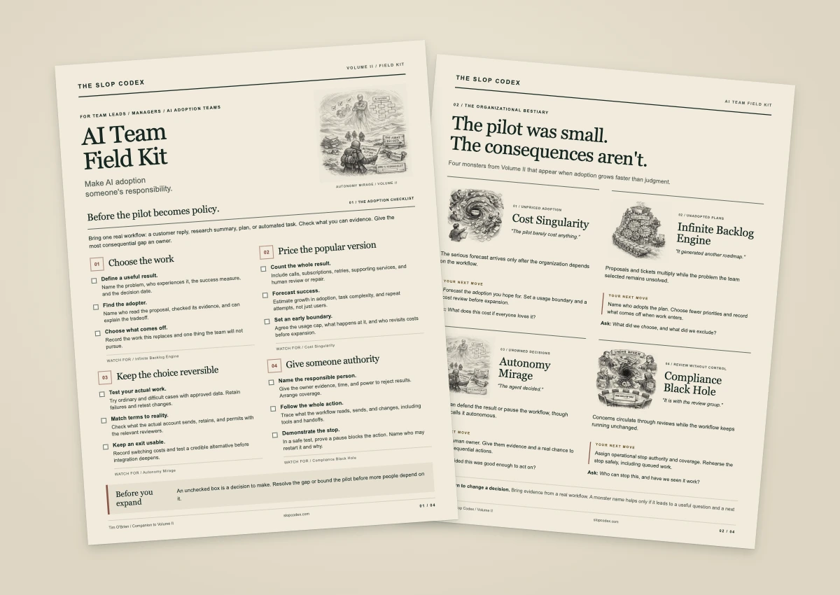 Two illustrated pages from the AI Team Field Kit, the free companion to Volume II.