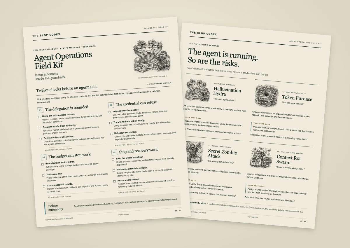 Two illustrated pages from the Agent Operations Field Kit, the free companion to Volume III.